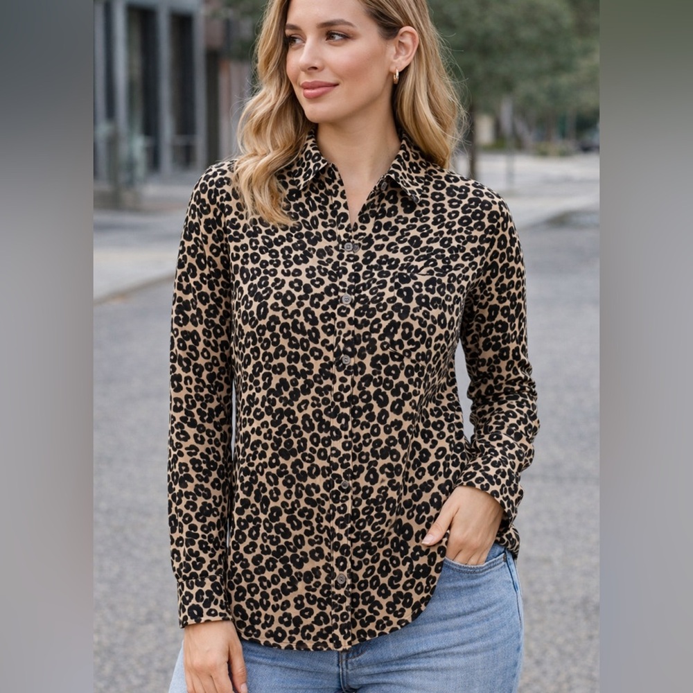 Moda International Sheer Leopard Print Button Down Shirt